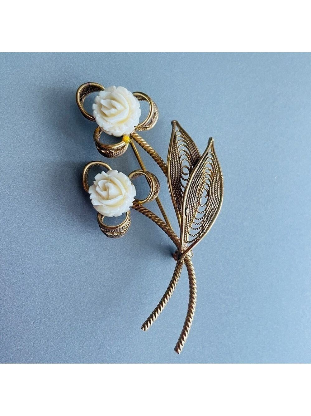 Vintage Bone Rose Flower Filigree Delicate Gold Tone Pin Brooch